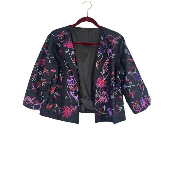 Retro Floral Embroidery Jacket Black L Preppy Boho Western Classic Chic Work 80s - Picture 1 of 8